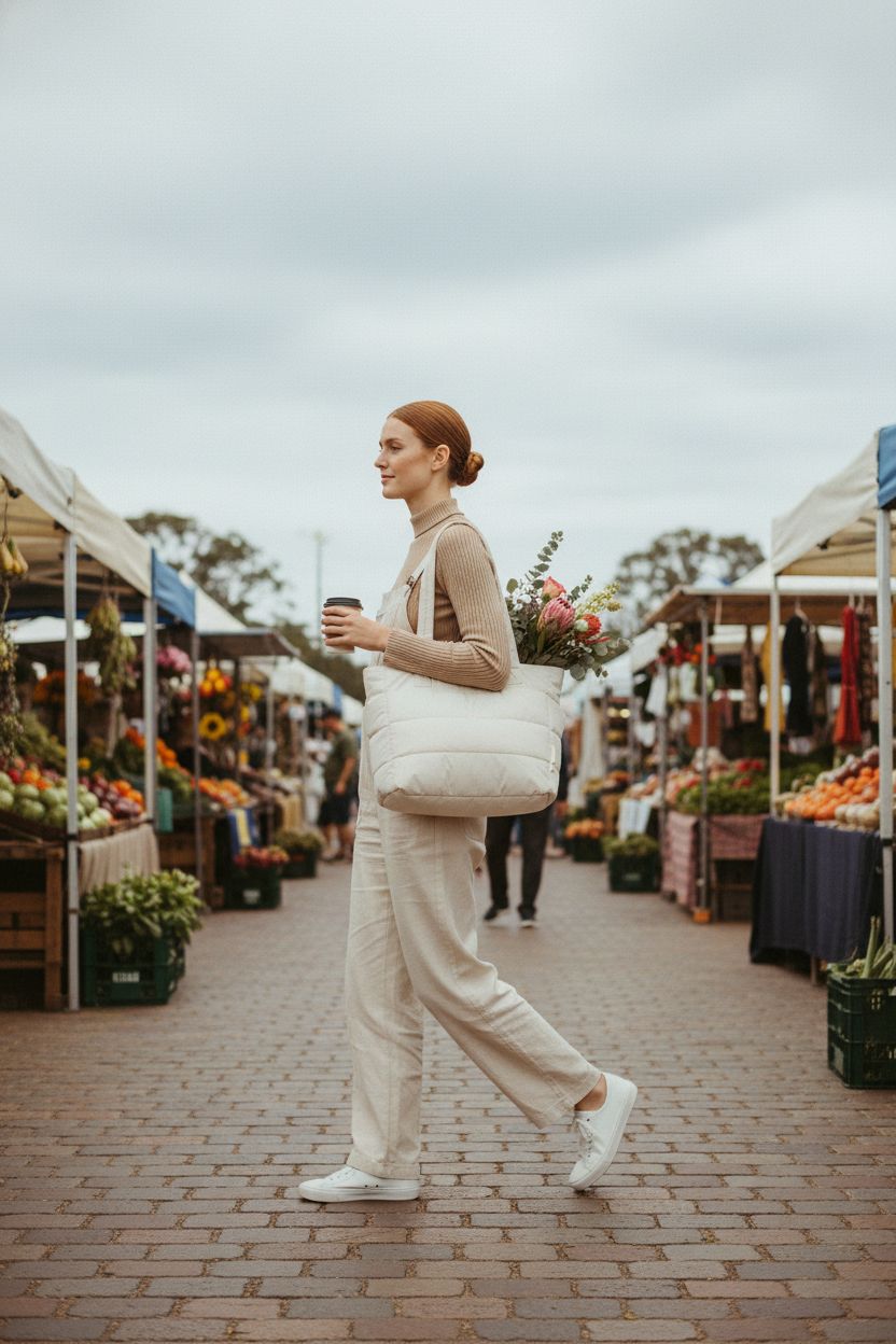 Light beige BAGSMART puffer tote bag with bouquet at a farmers market
