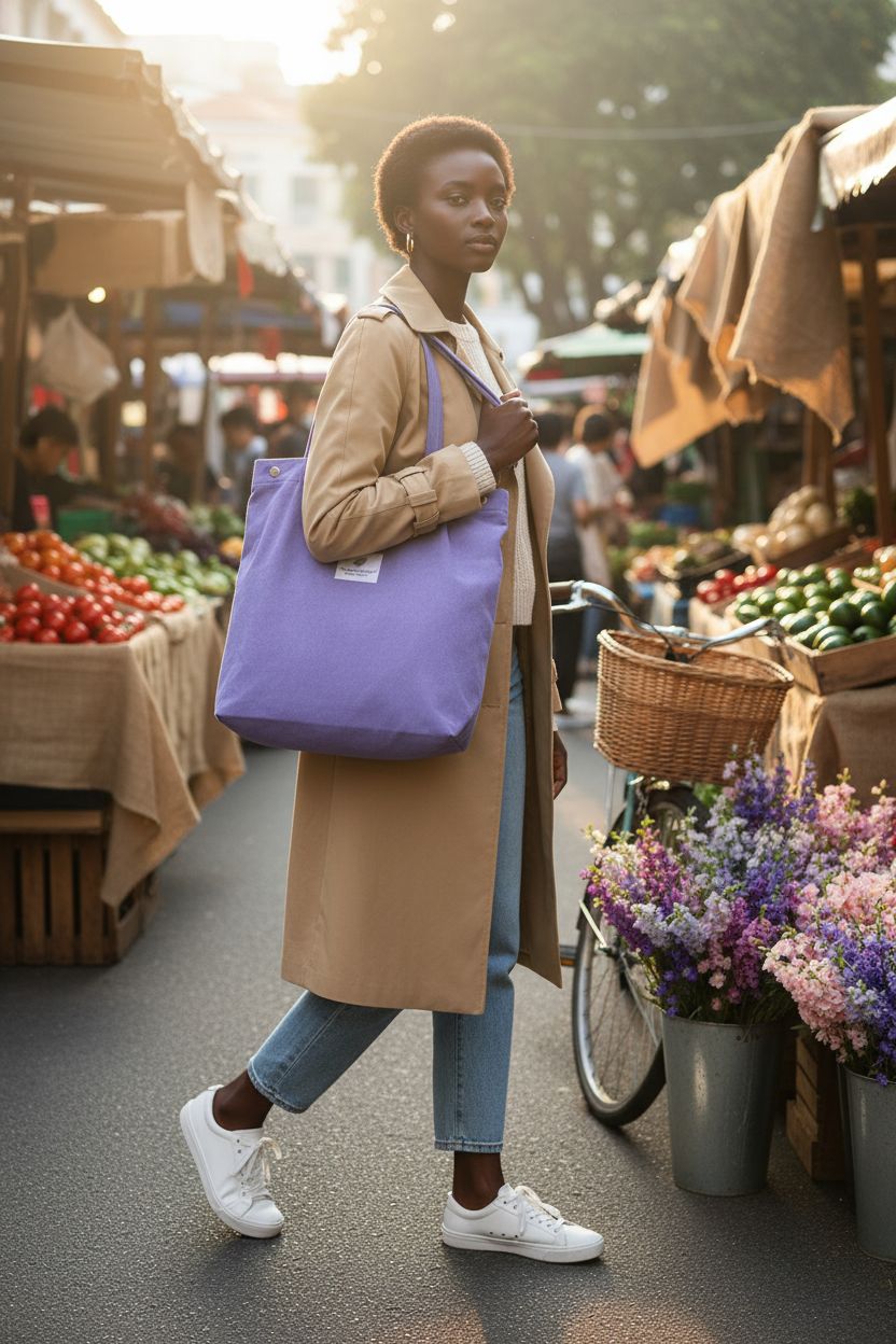 Purple corduroy tote bag by TOPASION showcased at a vibrant farmers' market.