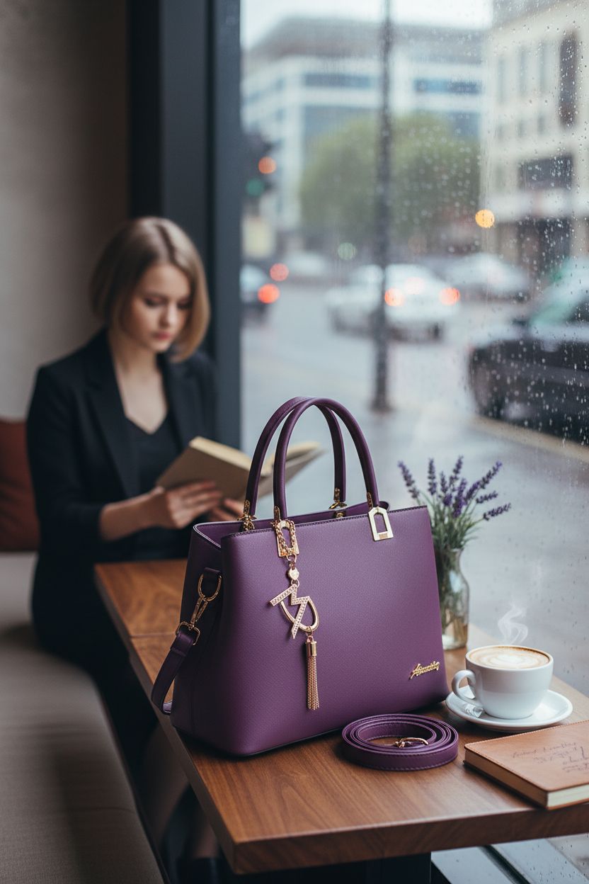 ToLFE violet satchel bag resting beside a latte and flowers in a cozy café nook, perfect for a rainy day.