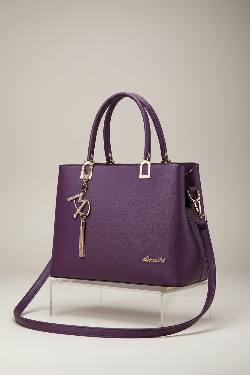 ToLFE violet satchel handbag displayed on a clear acrylic riser, showcasing its elegant design and gold hardware.