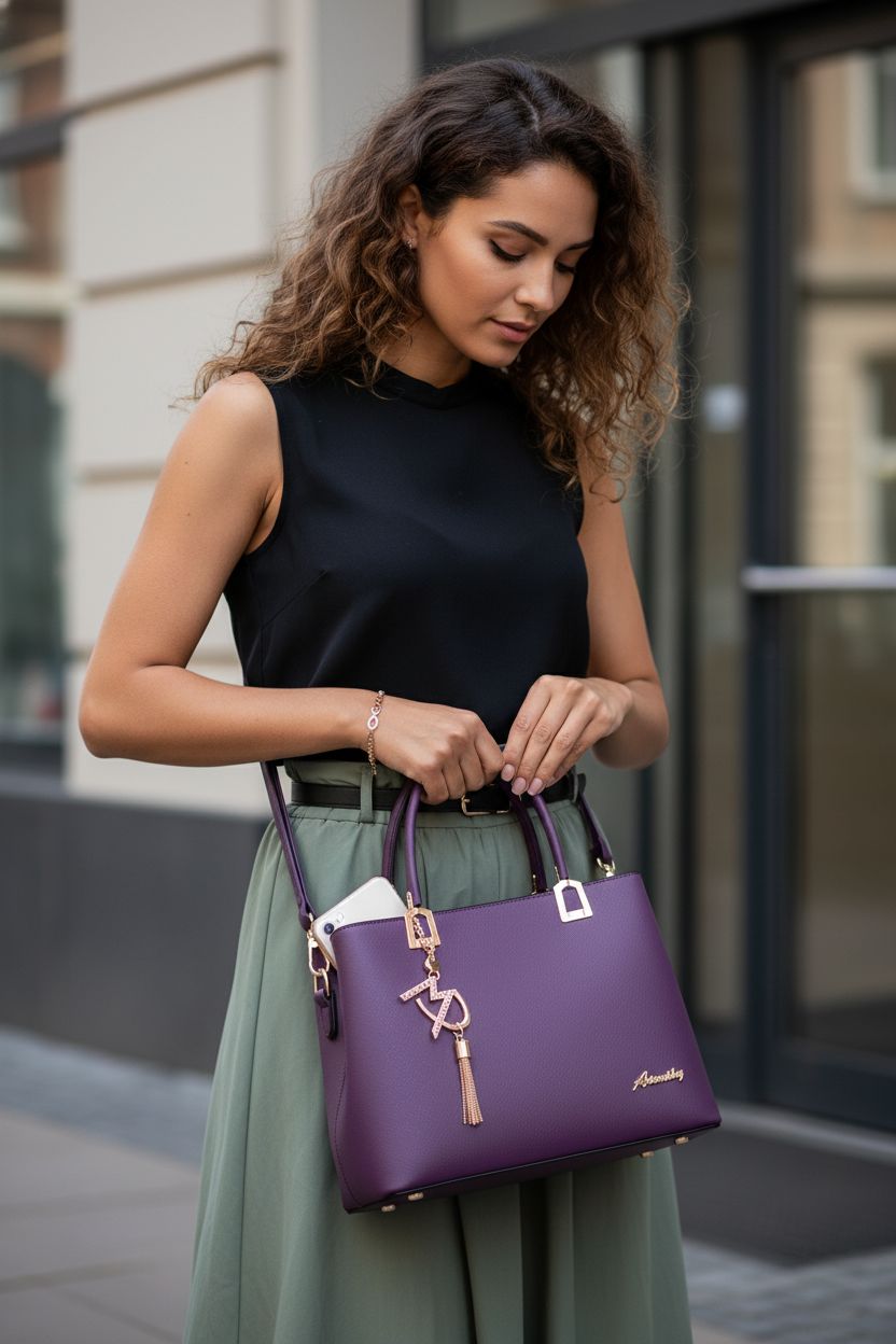 Violet designer handbag by ToLFE, stylishly draped with a removable strap, perfect for any outing.