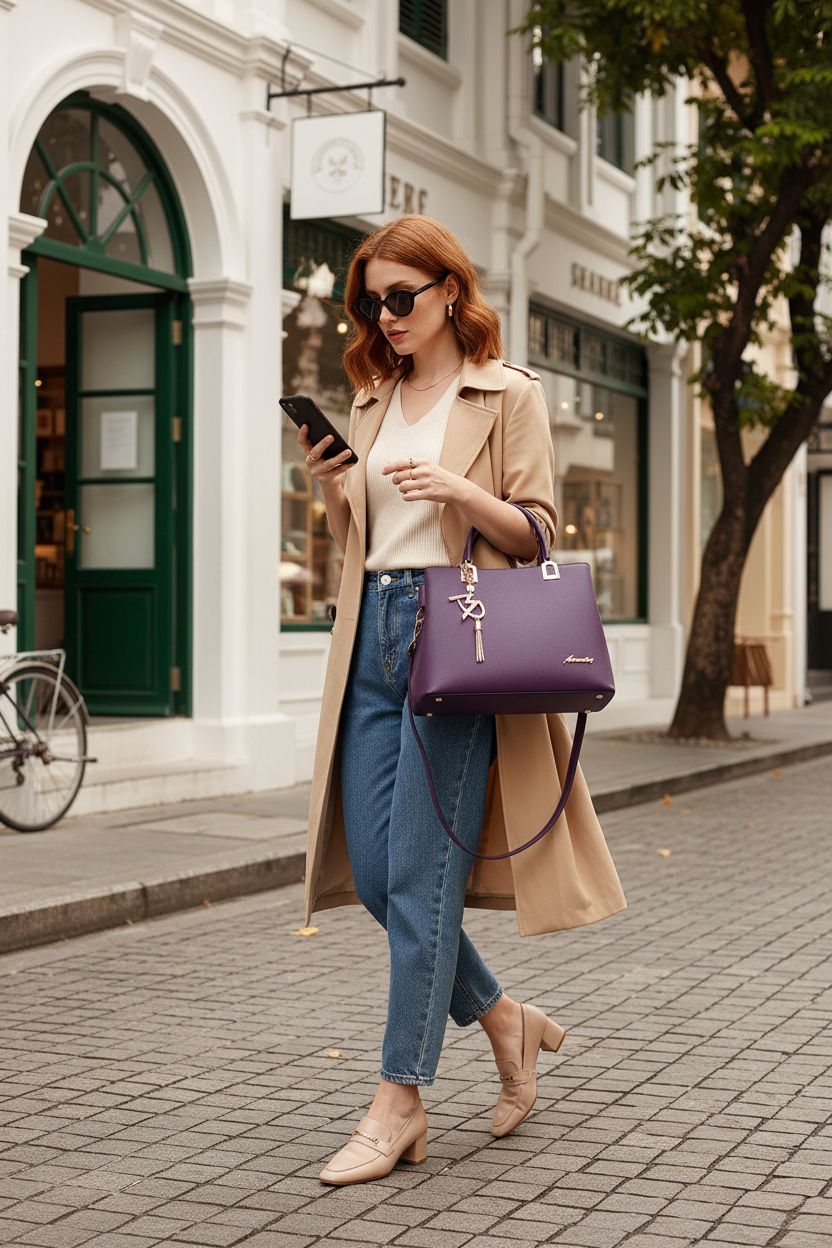 ToLFE violet top-handle satchel bag, elegantly showcased while checking a phone on a cobblestone street.