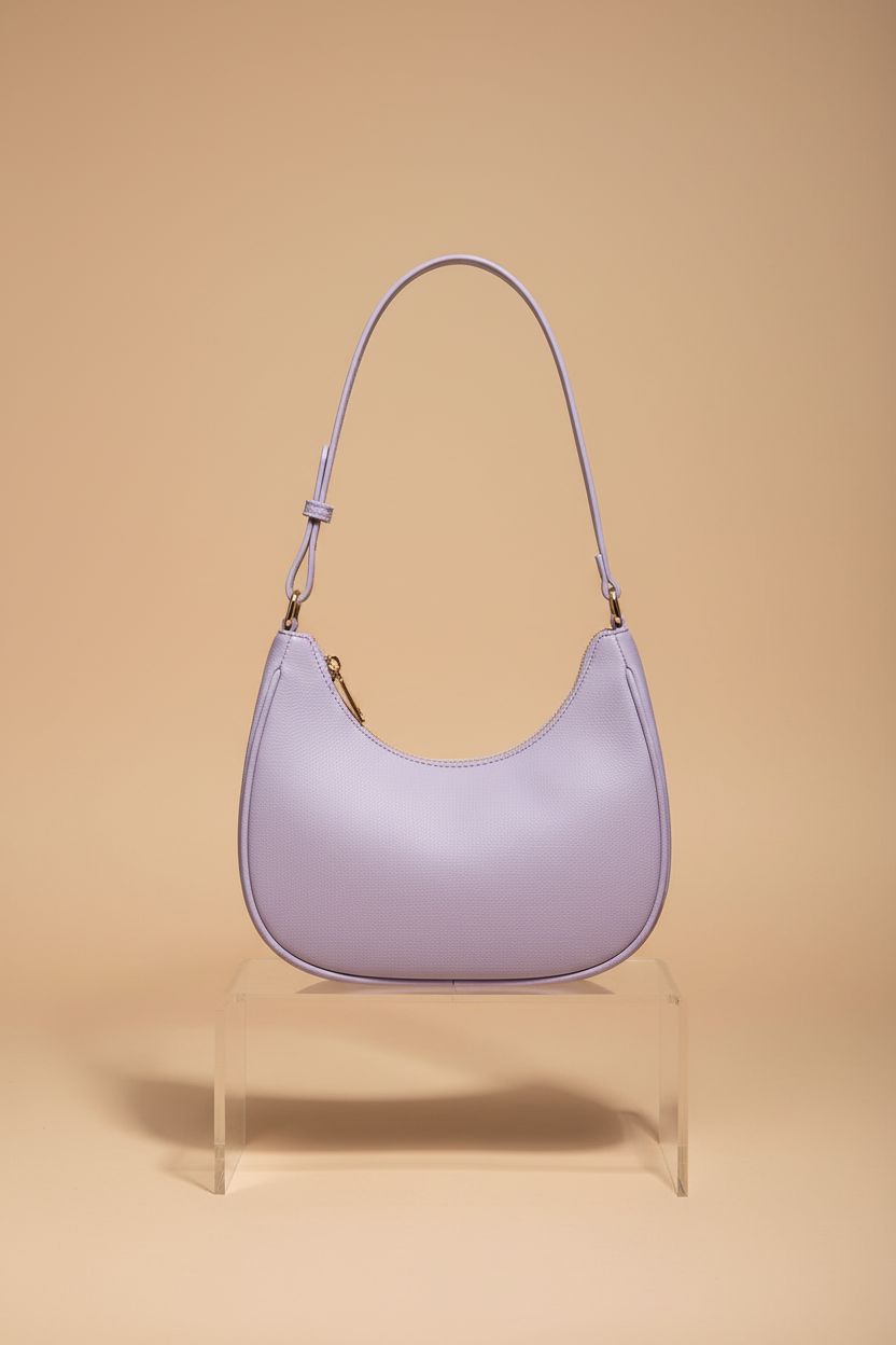 WSRYDJDL purple crescent purse showcased in studio, highlighting design and quality.