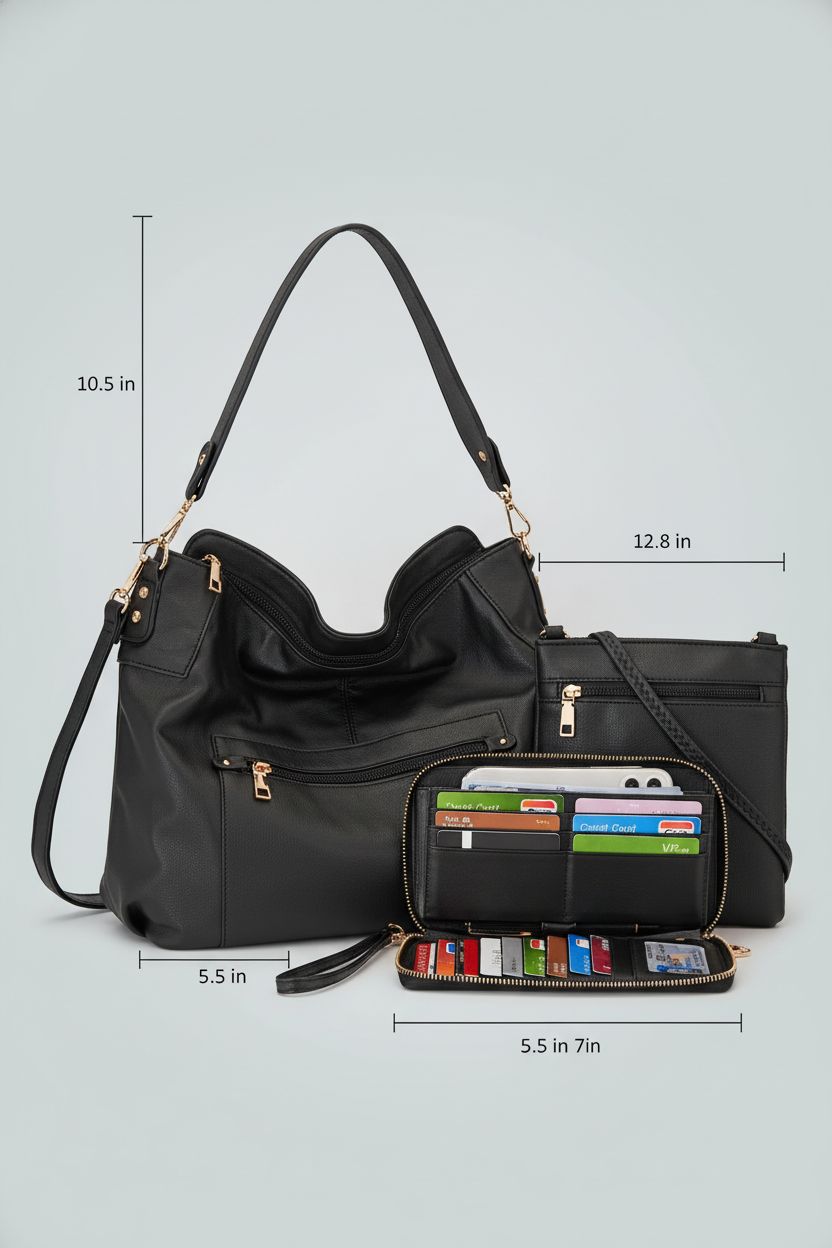 Product-focused image of black hobo purse, crossbody, and wallet, by Idesort.
