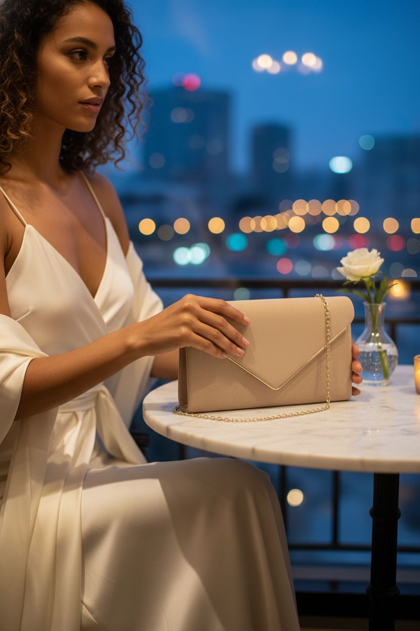 BBjinronjy evening clutch purse on a marble table, exuding sophistication for any formal event.