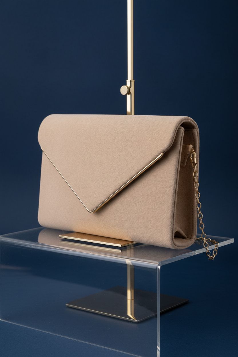BBjinronjy faux suede clutch purse displayed against navy backdrop, highlighting its elegant design.