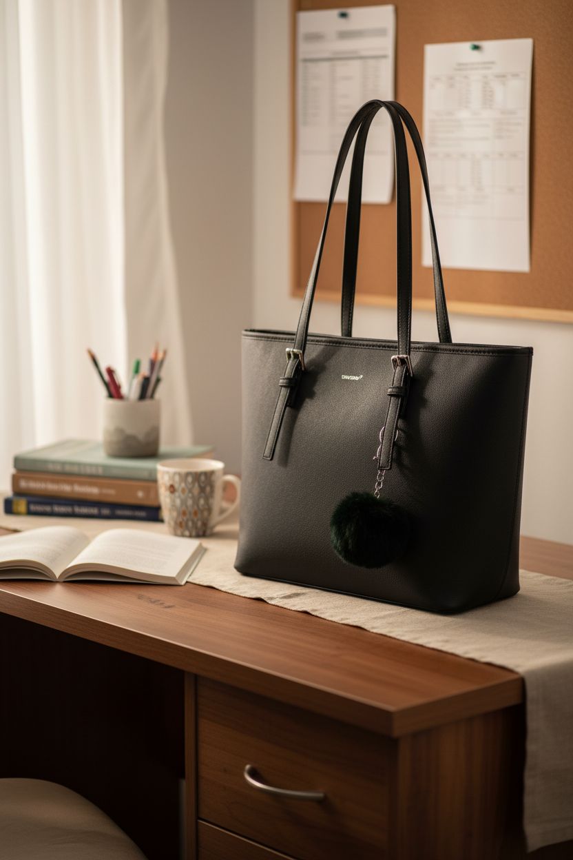 Cozy study nook with TANTOMI tote, textbooks, and morning light highlighting bag's texture.