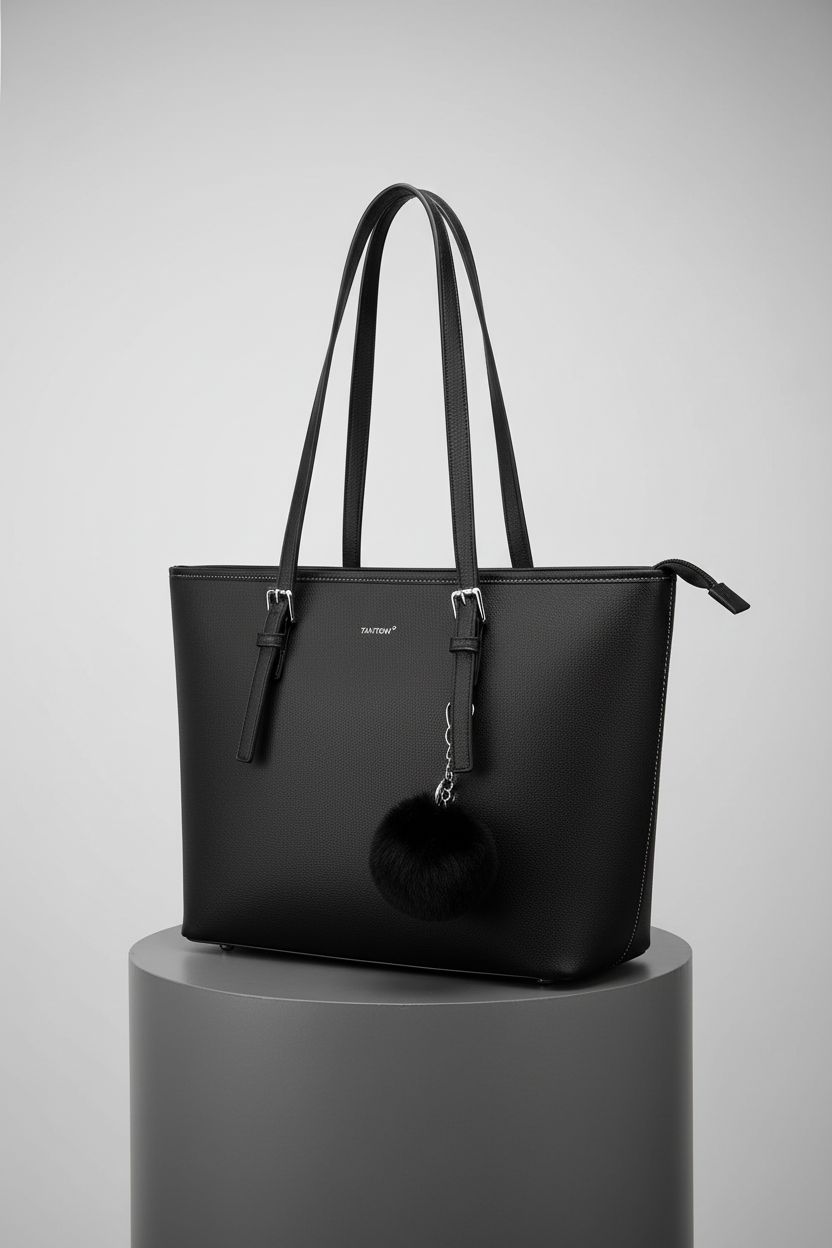 TANTOMI tote bag on a pedestal, highlighting design, stitching, and structured silhouette.