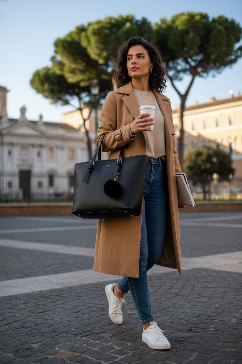 TANTOMI tote bag worn casually on campus, perfect for students between classes.