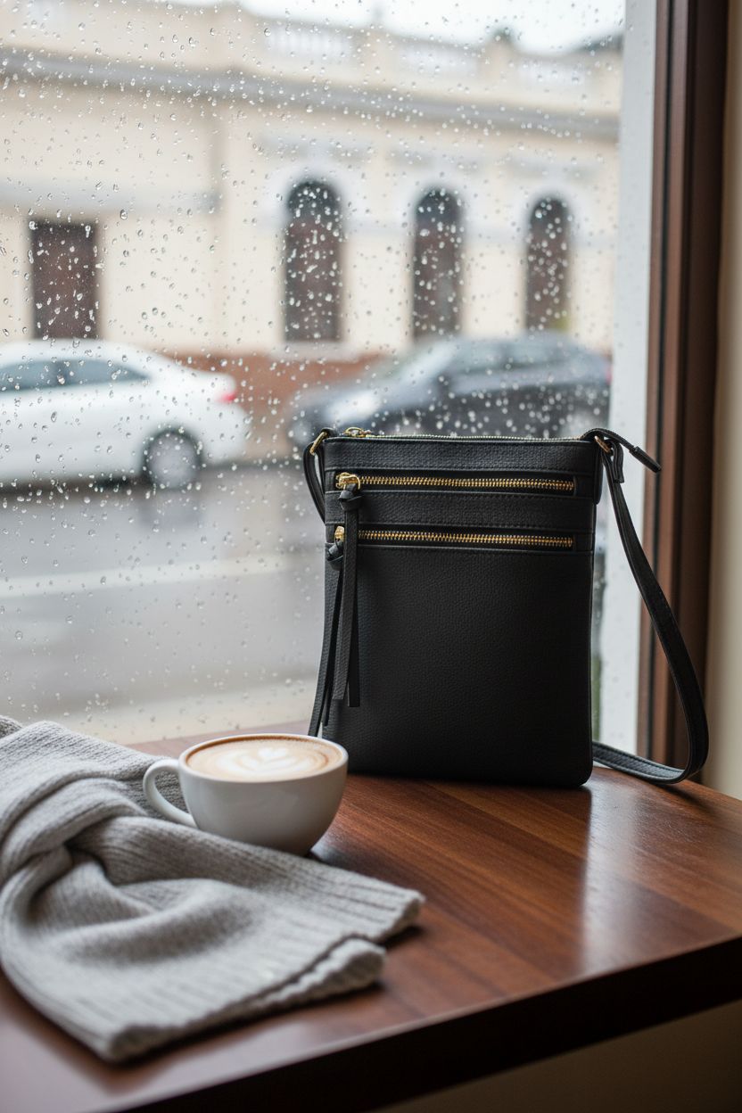DELUXITY crossbody purse elegantly resting on a café table, showcasing PU leather texture.