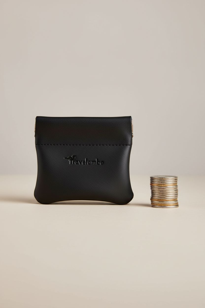 Travelambo vintage black squeeze coin purse pouch centered on a light background, showing fine leather craftsmanship.