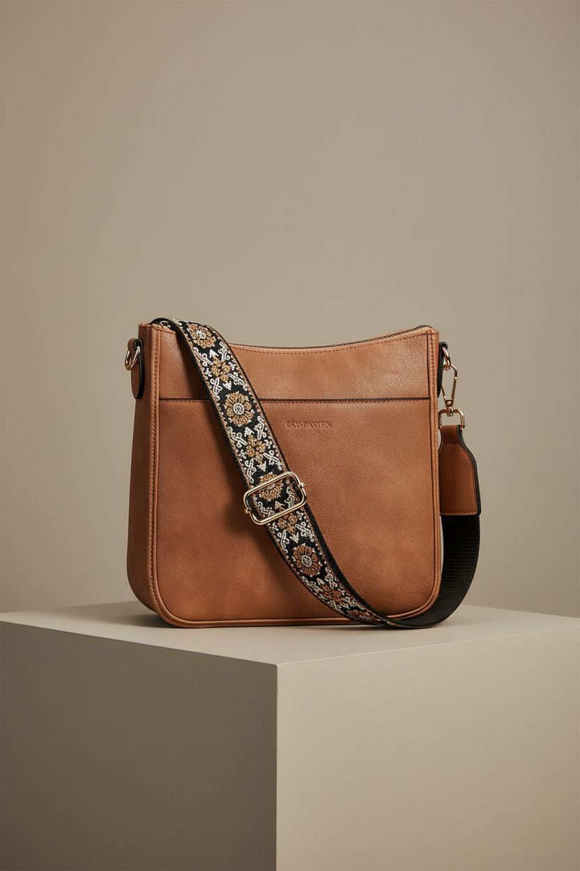 BOSTANTEN crossbody bag displayed on a gray backdrop, highlighting its premium vegan leather.