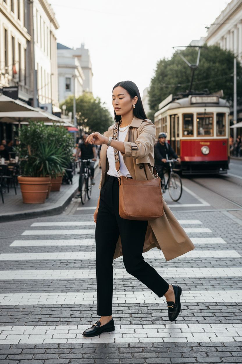 BOSTANTEN brown vegan leather crossbody bag worn stylishly on a cobblestone street.