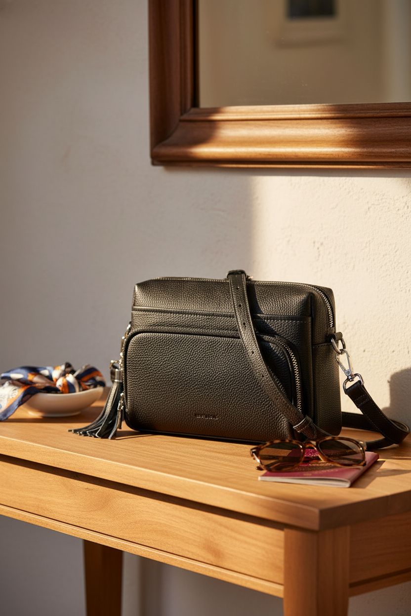 Befen black leather bag on a console, featuring pebbled texture and built-in wallet, ideal for daily grab-and-go.