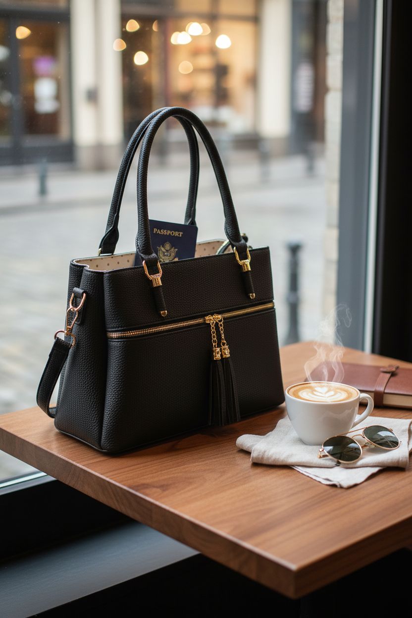 KKXIU purse in cozy café setting, showcasing its hidden compartment and stylish organization.