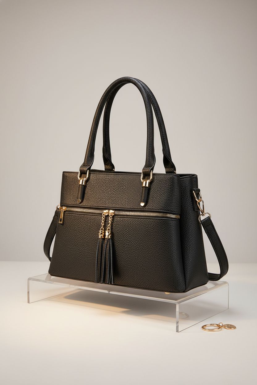 KKXIU black structured purse with hidden compartment, featuring elegant gold hardware and organized interior.