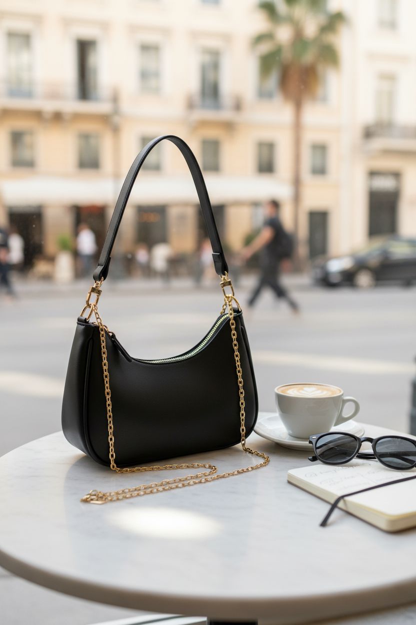 KKXIU black PU leather bag resting on a café table with cappuccino and sunglasses.