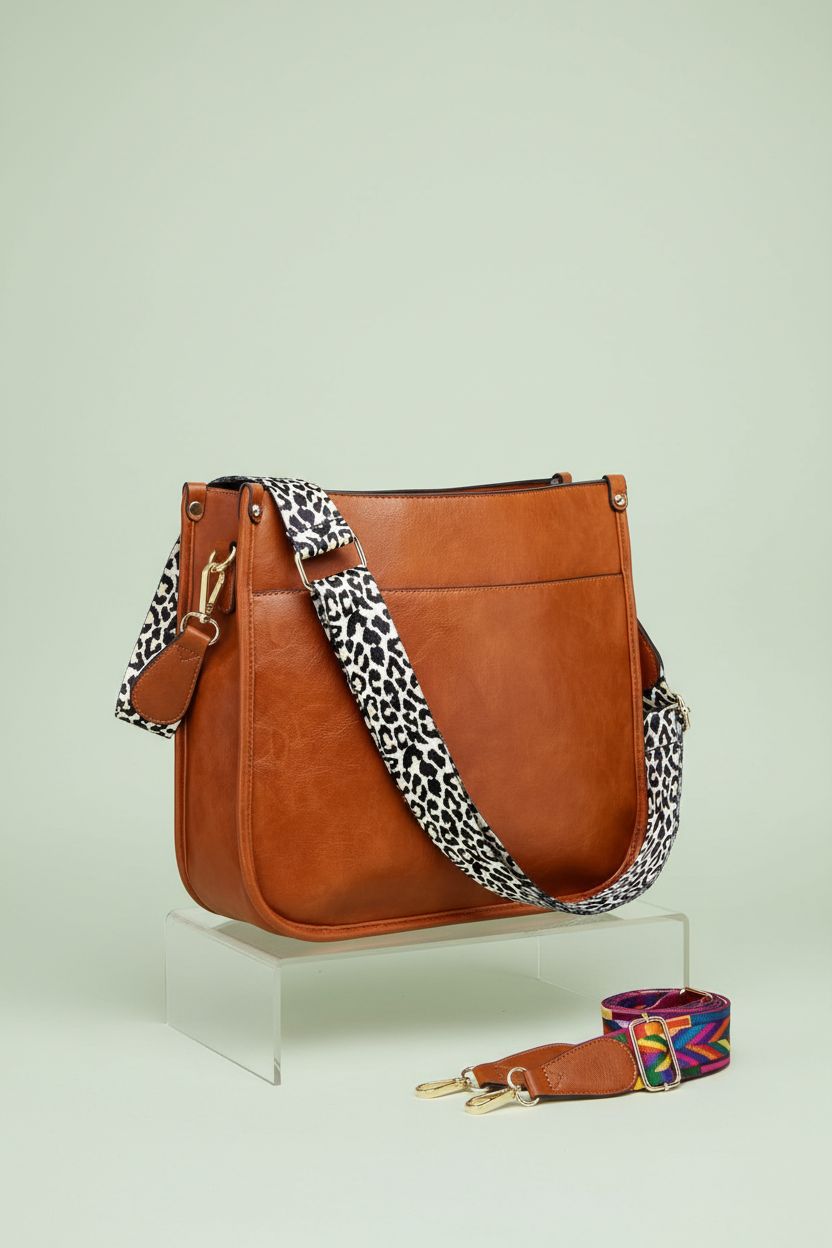 AUYOCO Crossbody Bag showcasing front pocket and leopard strap on studio set