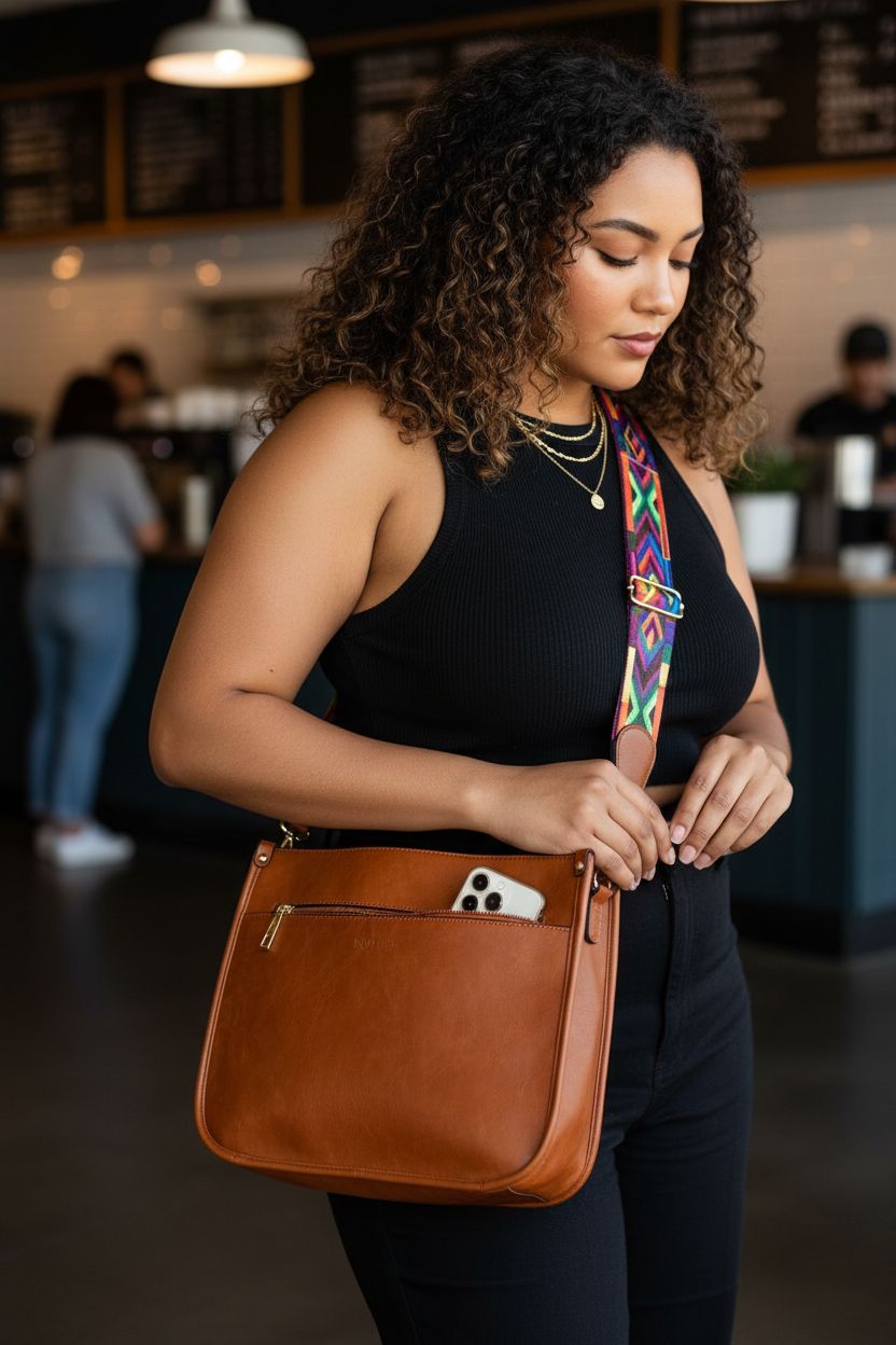AUYOCO Vegan Leather Crossbody Bag with rainbow guitar strap at a trendy café