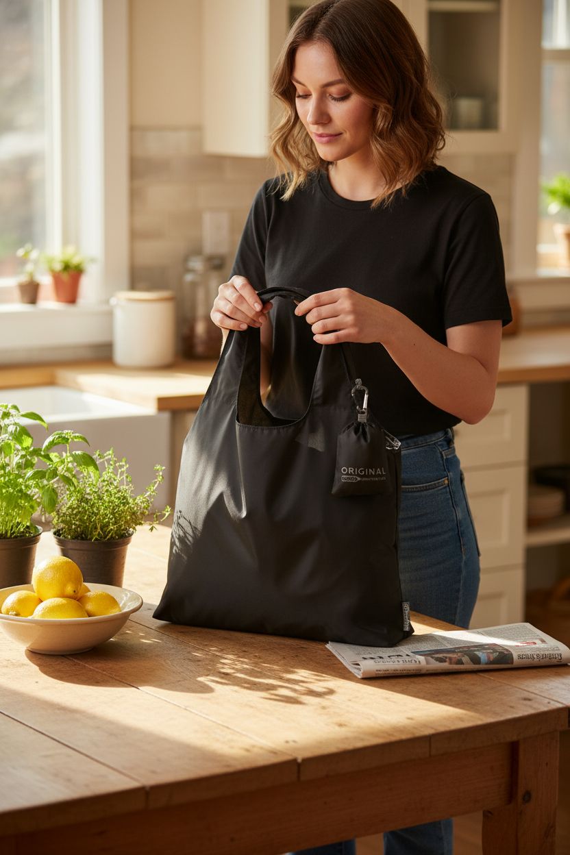 ChicoBag Original Reusable Tote on a farmhouse table beside herbs, emphasizing sustainable lifestyle