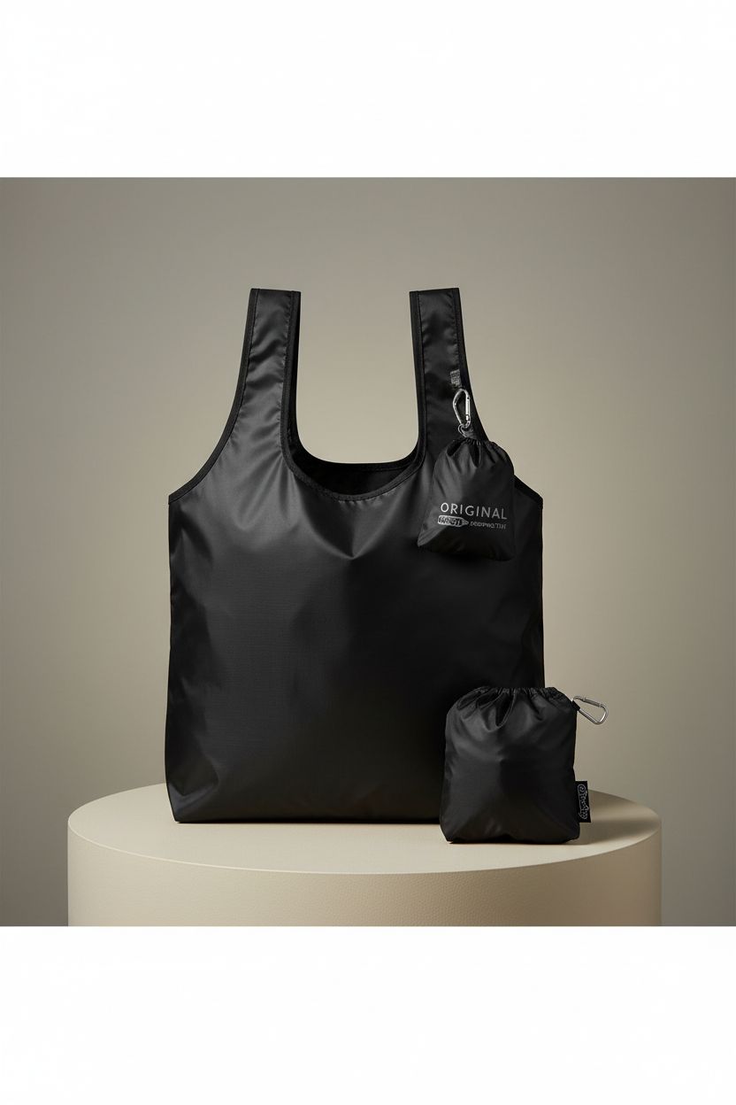 ChicoBag Original Reusable Tote open on a studio set, showcasing recycled materials and carabiner clip