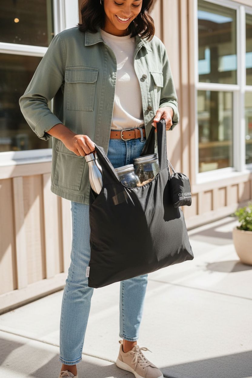 ChicoBag Original Reusable Tote being filled with jars at a refill shop, highlighting recycled fabric