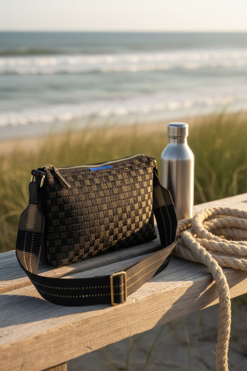 Rothy's crossbody bag resting on a driftwood bench by the shore, set against a serene coastal backdrop.