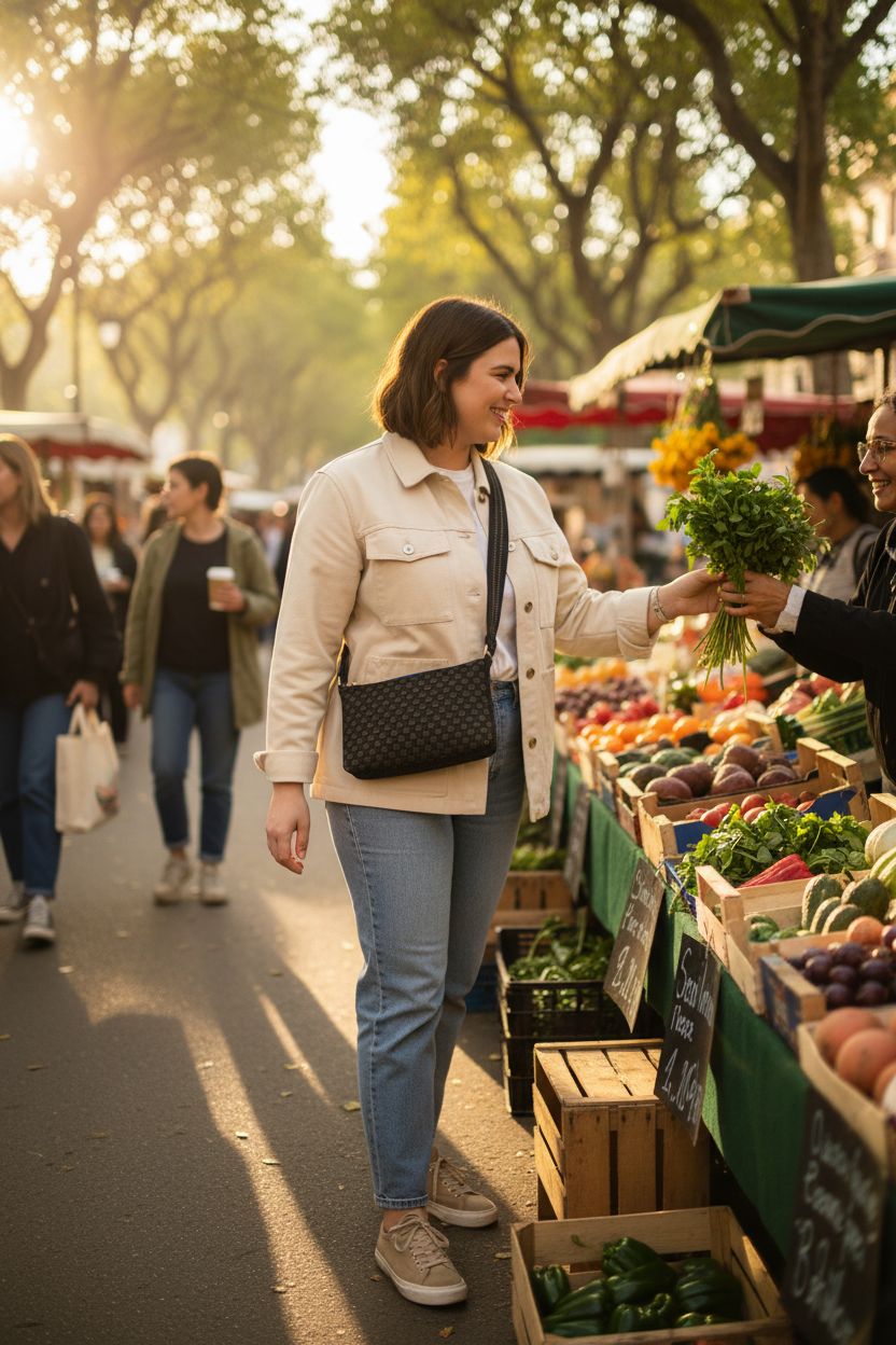 Rothy's durable crossbody bag made from recycled materials, worn at a market with fresh produce around.
