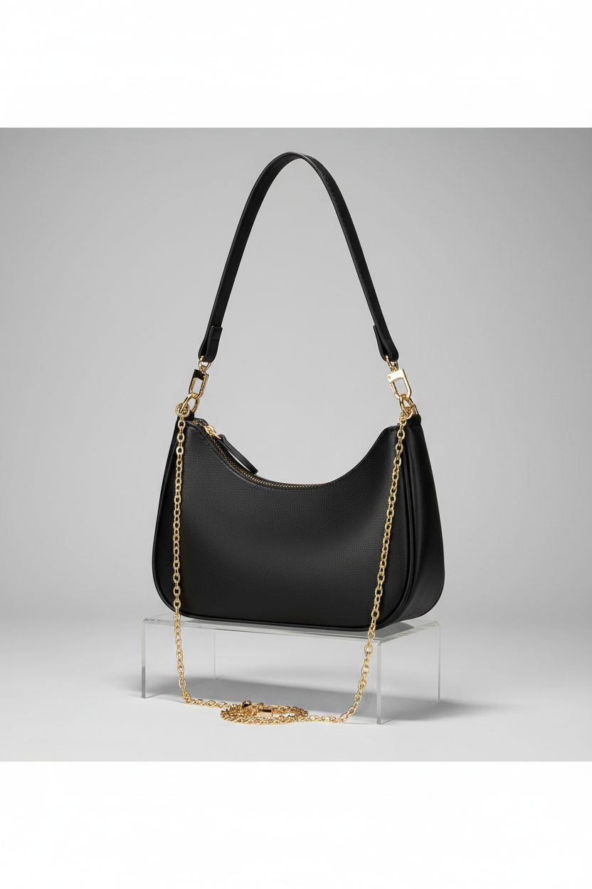 KKXIU black handbag showcasing craftsmanship with PU texture and gold clasps