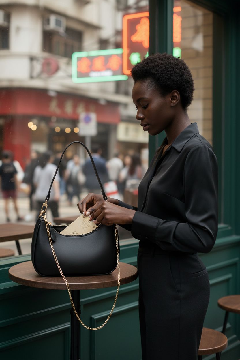 KKXIU black shoulder bag with gold chain, showcasing interior card slots