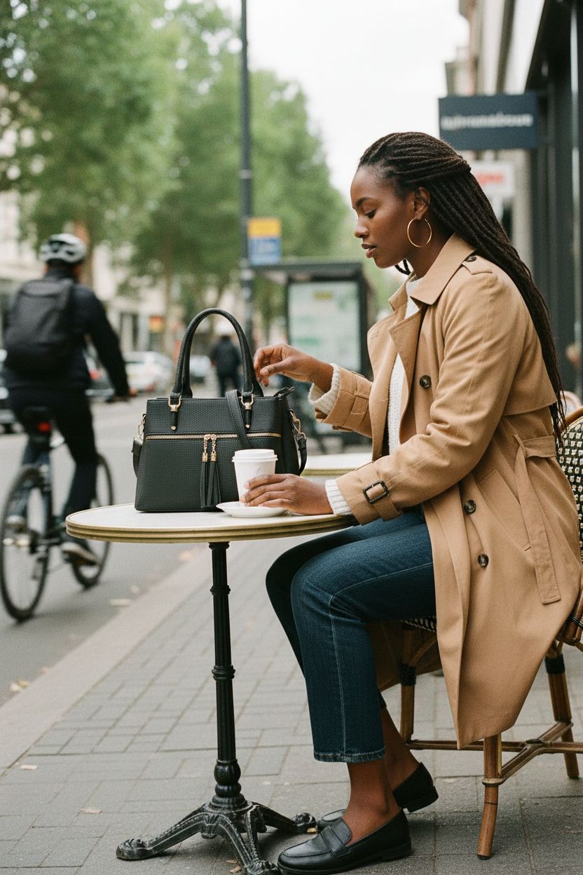 KKXIU black pebbled vegan leather bag, perfect for coffee runs with multiple pockets.