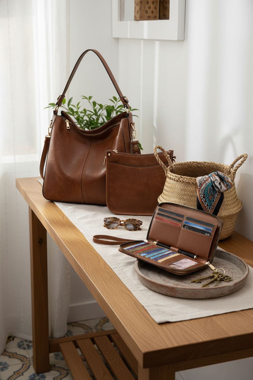 Warm home entryway featuring BAVERGE tote, crossbody, and open wallet on console.