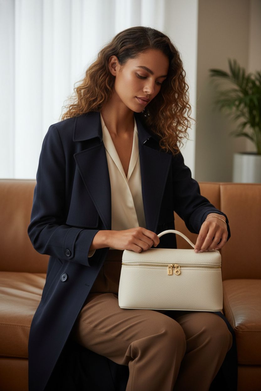 Rejolly top-handle pouch purse placed elegantly beside a stylish outfit in boutique hotel lounge.