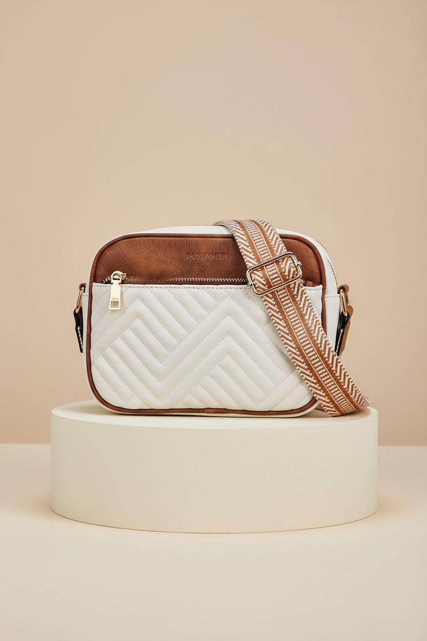 BOSTANTEN beige quilted crossbody bag on cream backdrop, highlighting its design and texture