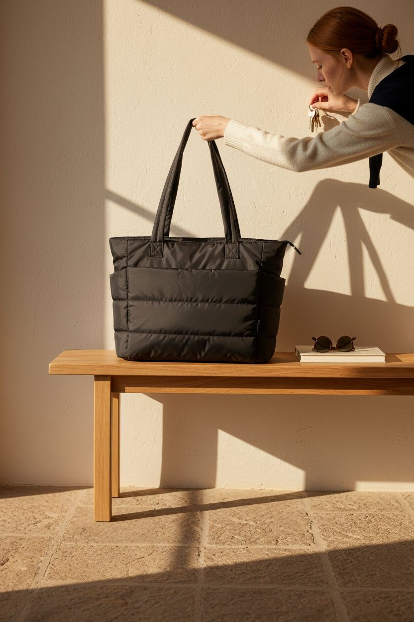 BAGSMART black quilted tote bag on wooden bench in cozy entryway with sunlight.