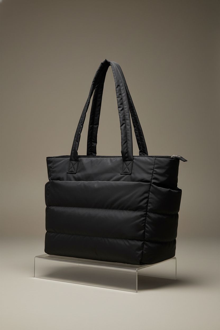 Close-up of BAGSMART black quilted tote bag showcasing craftsmanship and texture.