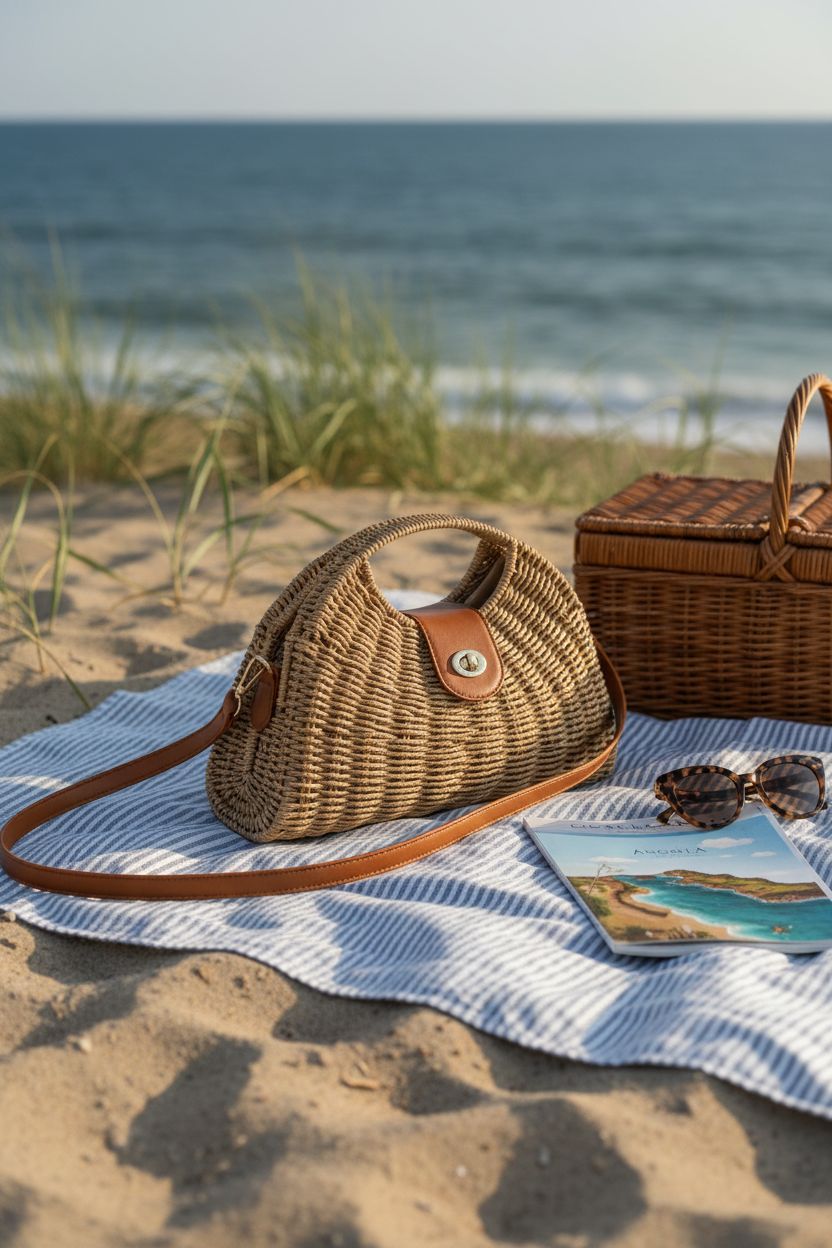 Relaxed seaside scene featuring ZAVOOS rattan bag with vintage sunglasses, perfect for picnics.