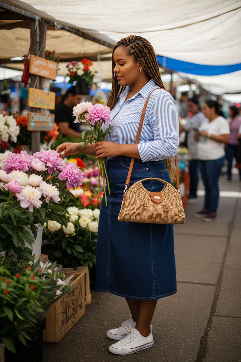 ZAVOOS rattan purse with caramel leather flap at a vibrant farmers market, ideal for casual errands.