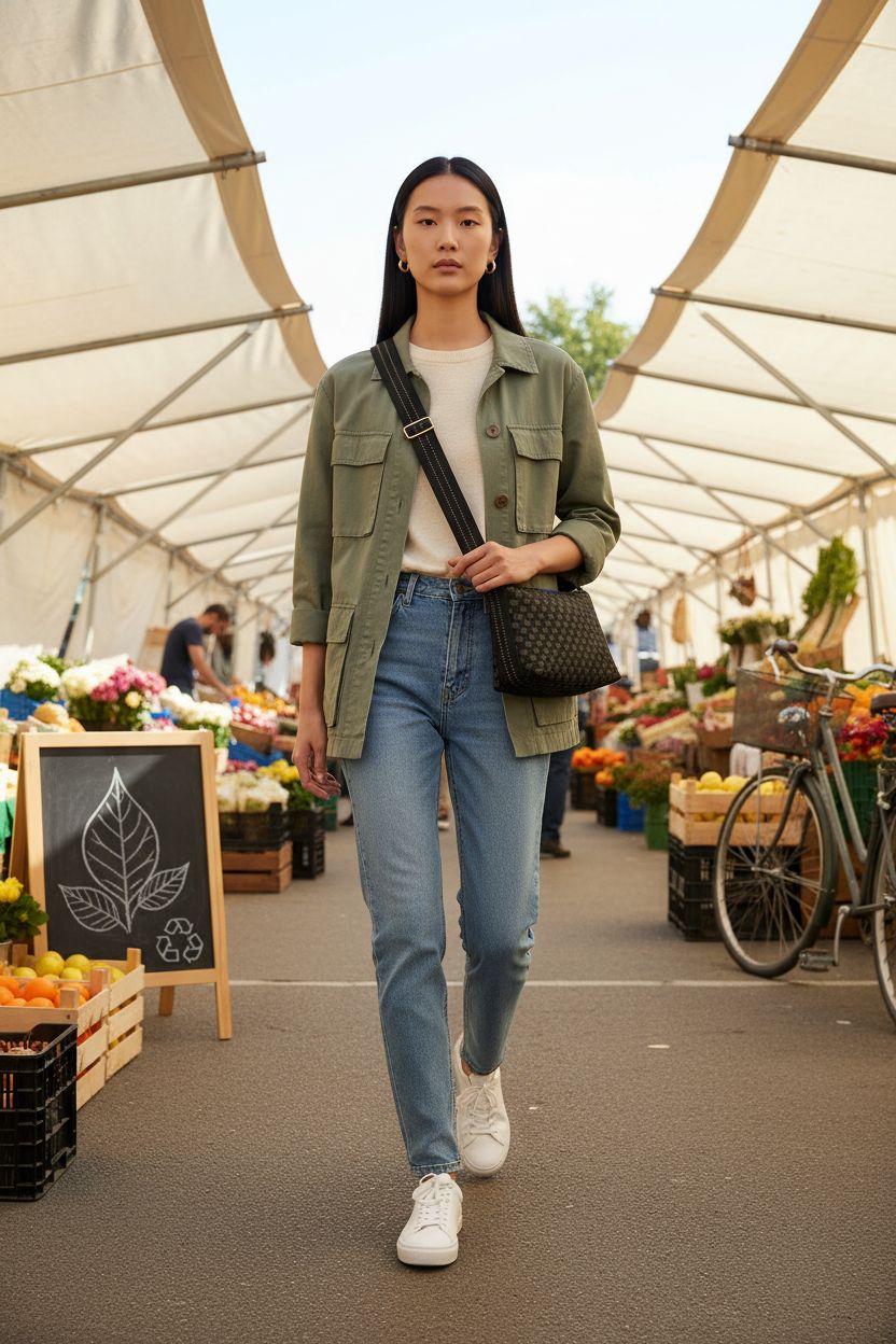Rothy's Night Song recycled plastic crossbody handbag at a farmers market, showcasing its durable design.