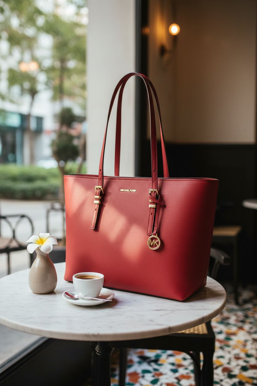 Michael Kors crimson tote on a marble table in an upscale café setting.