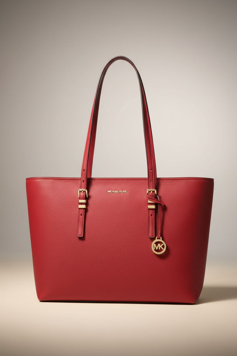 Close-up of Michael Kors crimson tote showcasing pebbled leather and gold details.