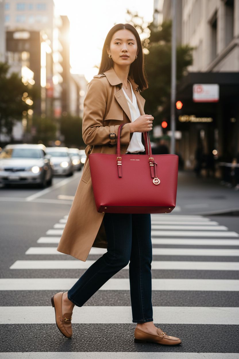 Michael Kors crimson tote with gold-tone hardware in a chic urban setting.