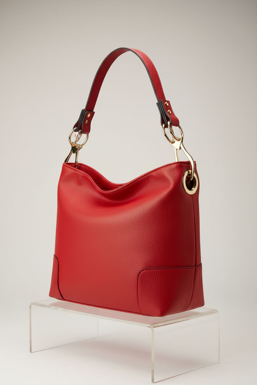 Montana West red leather hobo purse on a gray backdrop showcasing its pebbled texture