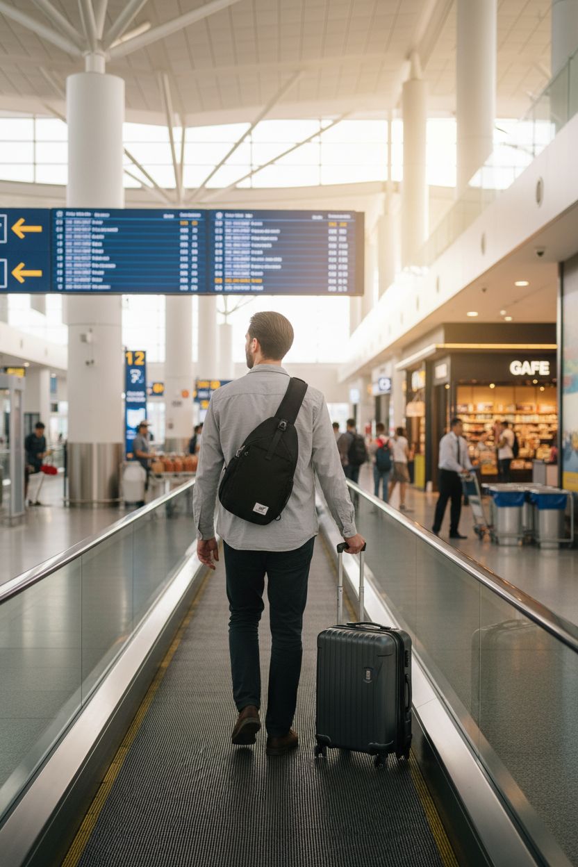 SKYSPER RFID crossbody bag in a travel setting at an airport with stylish texture and features.