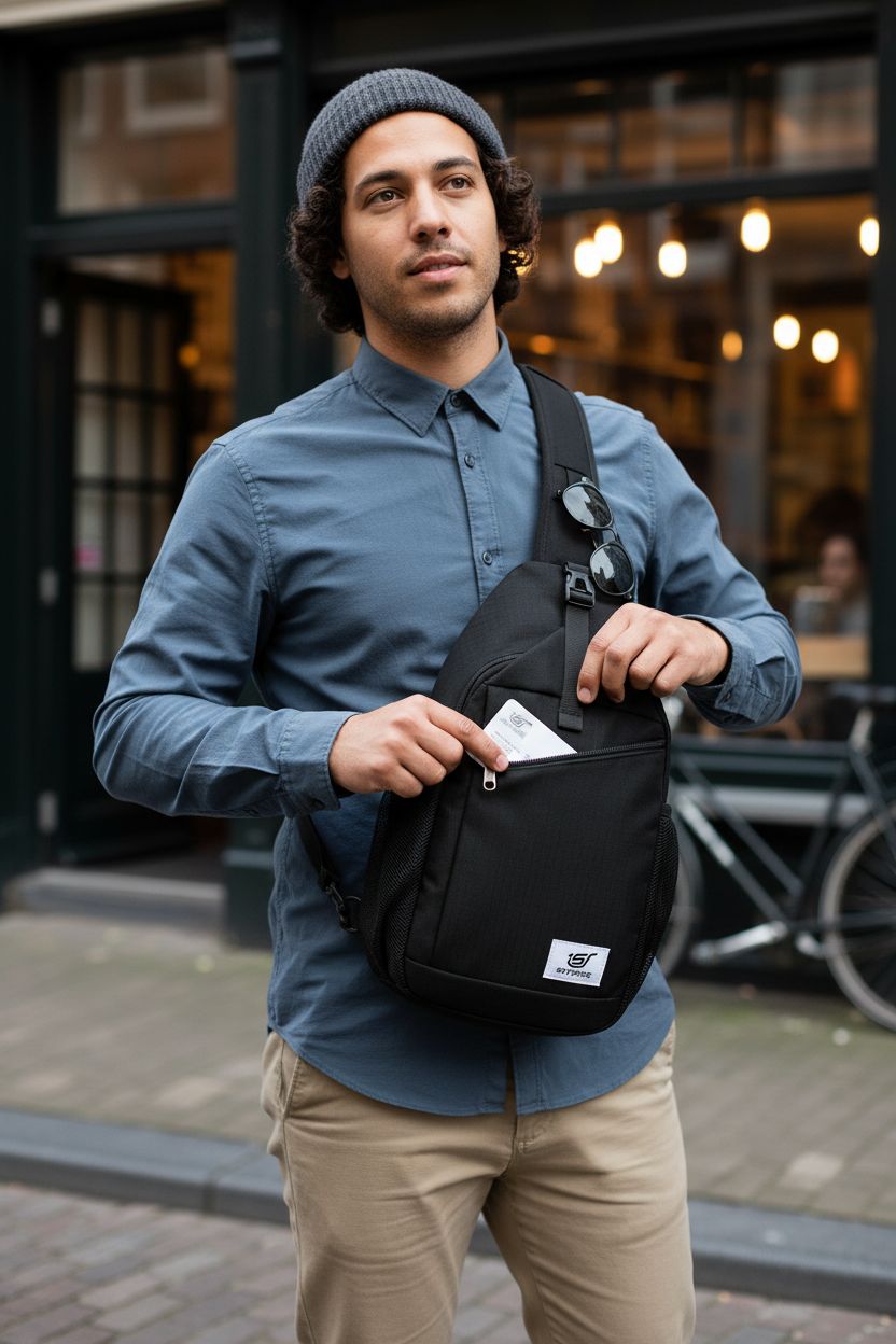 SKYSPER RFID crossbody bag showcased on a city sidewalk, featuring anti-theft design and versatility.