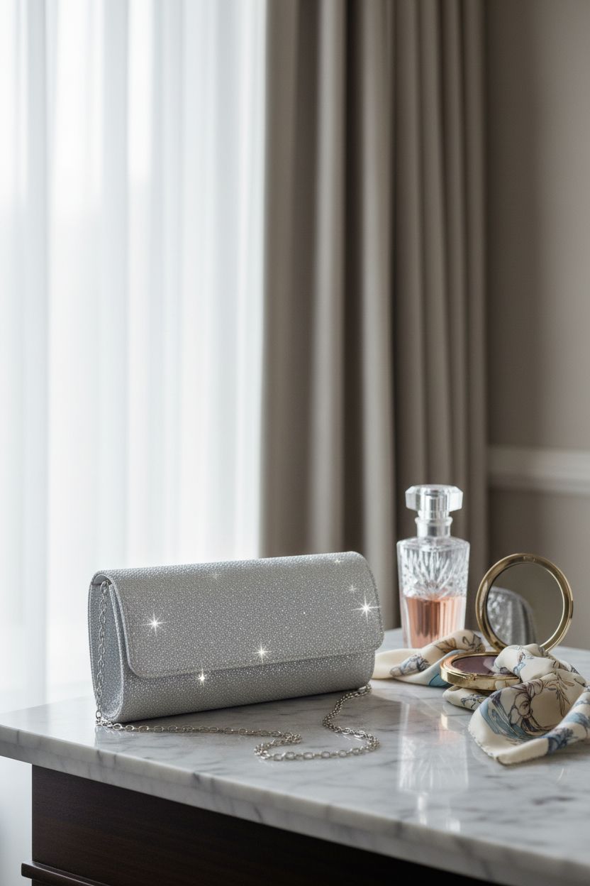 Refined lovyoCoCo rhinestone clutch displayed on marble vanity with elegant decor elements.