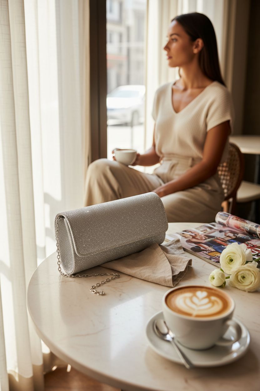 Beautiful lovyoCoCo rhinestone purse on a café table with coffee and flowers.