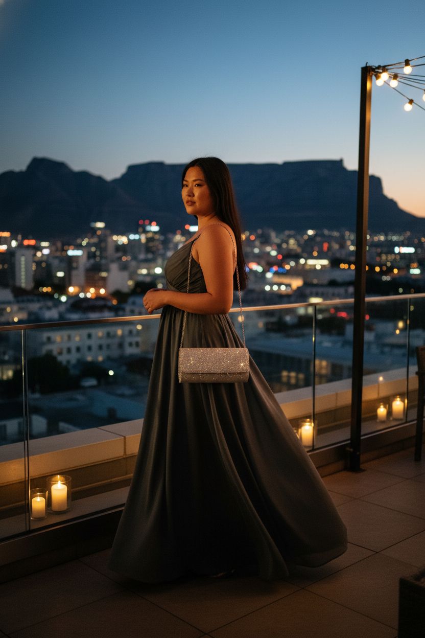 Chic lovyoCoCo rhinestone purse glistening at twilight on a rooftop bar.