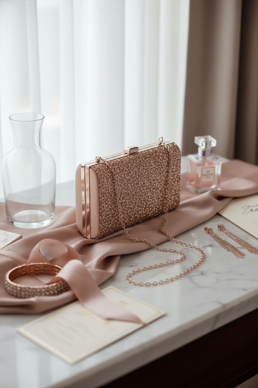 Kigeli rose gold clutch on a marble table, styled with a silk scarf and peony bud vase for elegance.
