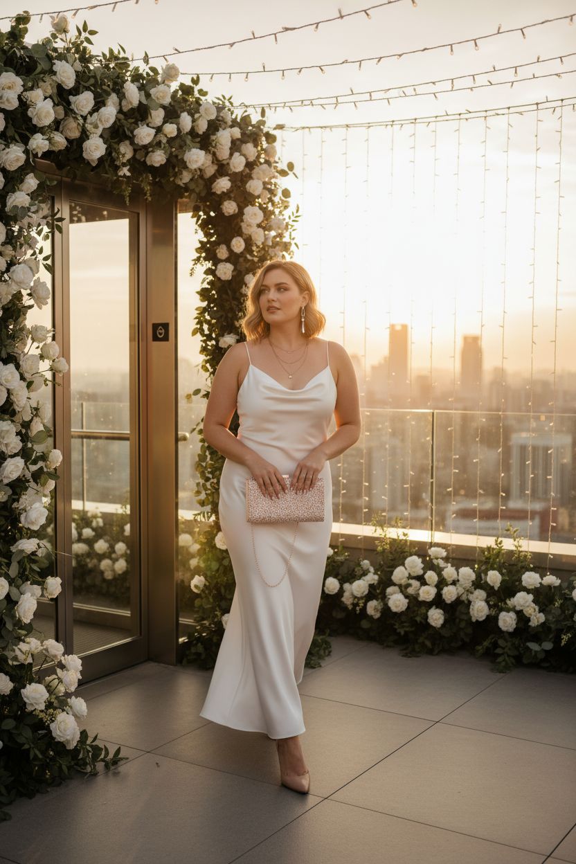 Kigeli rose gold clutch sparkling at a rooftop cocktail party, complementing a chic satin dress.